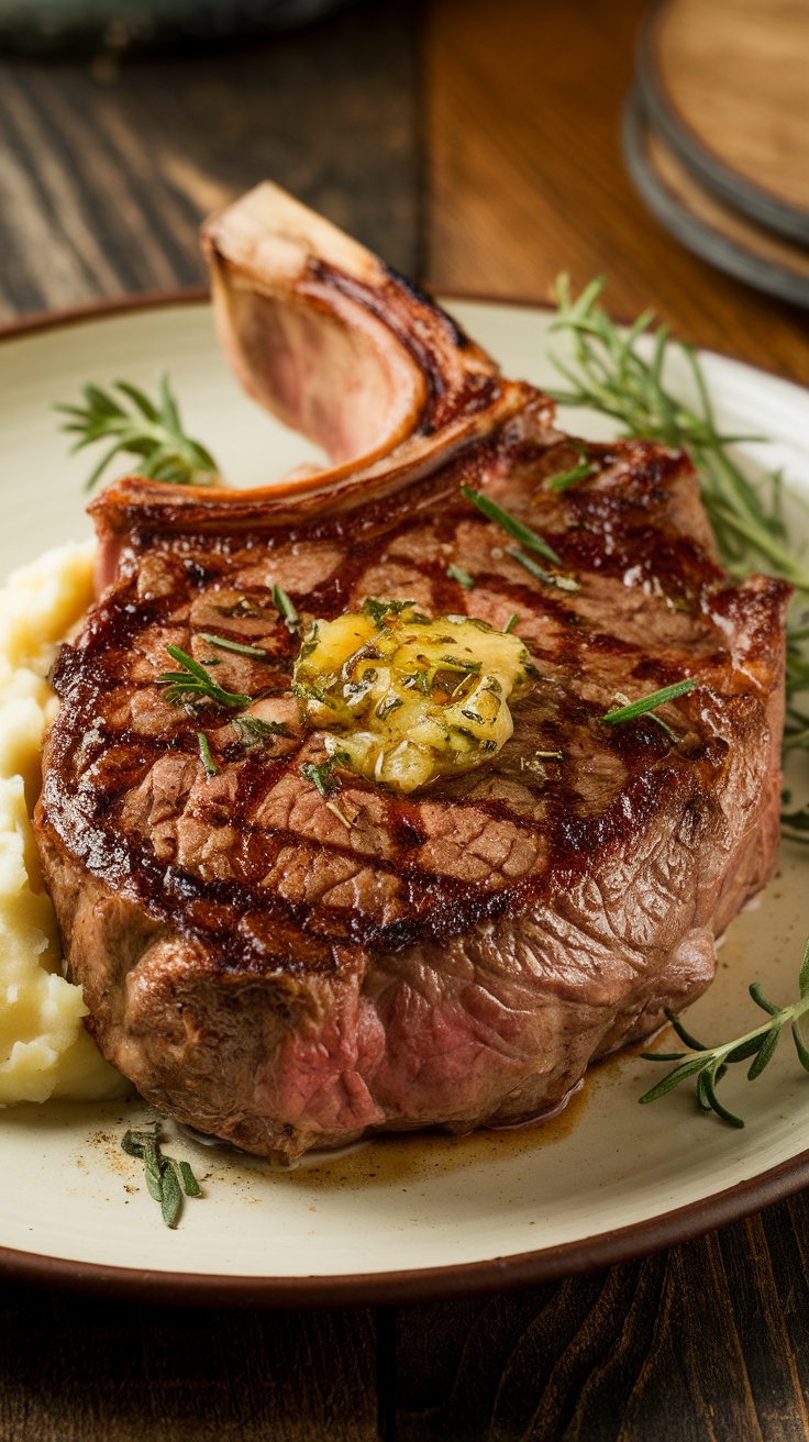 Perfectly seared ribeye steak topped with garlic herb butter on a rustic table with mashed potatoes.